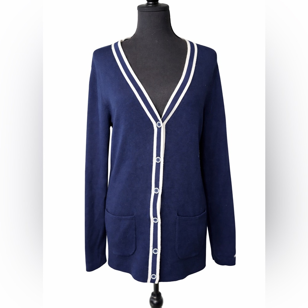 Tommy Hilfiger Navy Blue V-Neck Cardigan Preppy Classic Coastal Grandma- Large